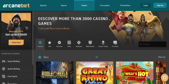 Screenshot der Arcanebet Casino Homepage